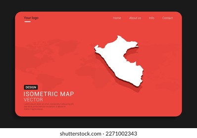 Mapa del Perú rojo aislado en un fondo oscuro con un mapa del mundo en 3d ilustración vectorial isométrica.