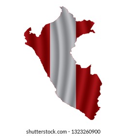Peru map with rippled flag on white illustration. Waving Fabric Flag Map of Peru. Map of South America. Vector White Background. Vector illustration eps10.