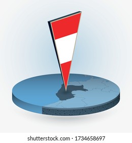 Peru map in round isometric style with triangular 3D flag of Peru, vector map in blue color. 