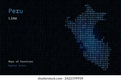 Peru Map Shown in Binary Code Pattern. TSMC. Blue Matrix numbers, zero, one. World Countries Vector Maps. Digital Series