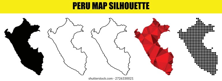 Peru map silhouette design collection. Set of peru maps in various styles including solid black, white, outline, dotted, and polygonal forms, modern map designs.