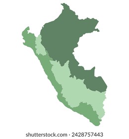 Peru map. Map of Peru in three main regions in multicolor