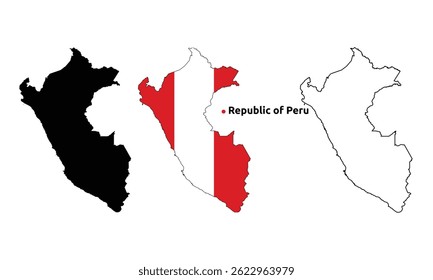 Peru Map Vetor - Contorno do país, Bandeira Inside Map, Versão em branco e silhueta