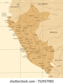 Peru Map - Vintage Detailed Vector Illustration