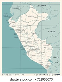 Peru Map - Vintage Detailed Vector Illustration