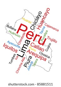 Peru map and words cloud with larger cities