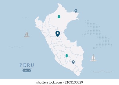 Mapa del Perú - Mapa mundial de la plantilla vectorial internacional Alto detalle con color blanco aislado en fondo azul incluyendo punto de ubicación simple, árbol, icono del barco - Ilustración vectorial eps 10