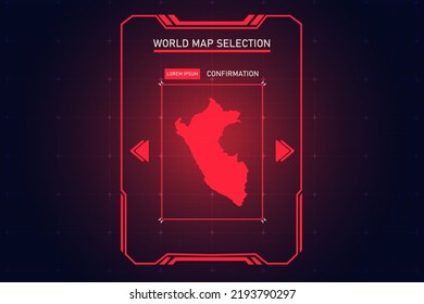 Peru Map - World Map International vector template with Red Color in perspective style and HUD, GUI, UI interface isolated on black background for design - Vector illustration eps 10
