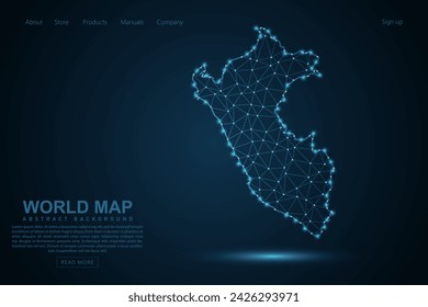 Peru Map - Weltkarte Maische Linie und Punkt-Skalen auf blauem Technologie-Hintergrund. Drahtrahmen 3D Mesh polygonale Netzwerklinie, Design Kugel, Punkt und Struktur - Vektor-Illustration eps 10