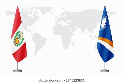 Peru- und Marshallinseln-Flaggen für offizielle Treffen auf der Grundlage der Weltkarte.
