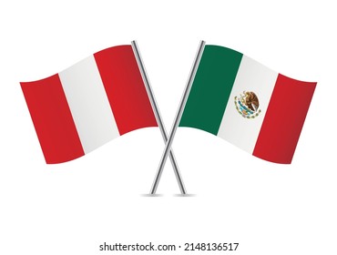 Perú y México cruzaron banderas. Banderas peruanas y mexicanas de fondo blanco. Conjunto de iconos del vector. Ilustración vectorial.