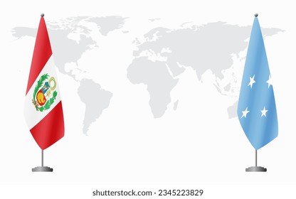 Peru and Micronesia flags for official meeting against background of world map.