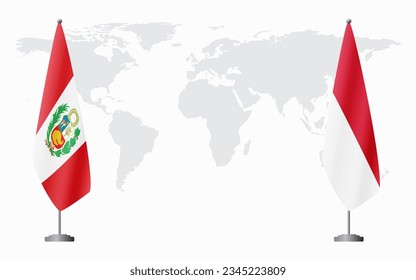 Peru and Monaco flags for official meeting against background of world map.