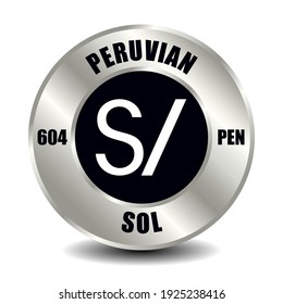 Peru money icon isolated on round silver coin. Vector sign of currency symbol with international ISO code and abbreviation