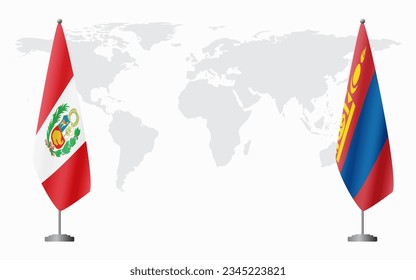 Peru and Mongolia flags for official meeting against background of world map.