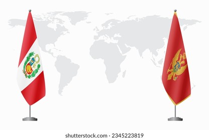 Peru and Montenegro flags for official meeting against background of world map.