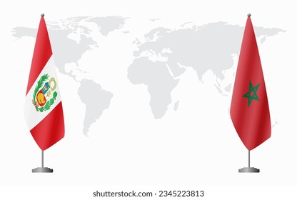 Peru and Morocco flags for official meeting against background of world map.