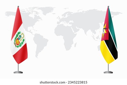 Peru and Mozambique flags for official meeting against background of world map.