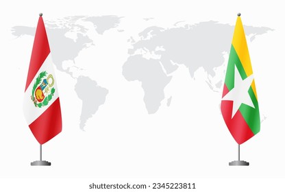 Peru and Myanmar flags for official meeting against background of world map.