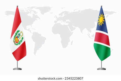 Peru and Namibia flags for official meeting against background of world map.