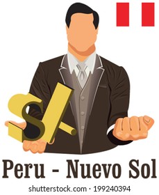 Peru national currency symbol nuevo sol representing money and Flag. Vector design concept of businessman in suit with his open hand over with currency isolated on white background in EPS10.