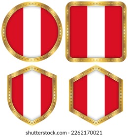 Peru National Flag Collection Set of Circular, Square, Shield, Hexagon Gold Border Logo Button Icon Vector Design Isolated on White Background