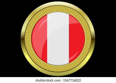 Peru national flag colors with 3d golden frame vector illustration. Template for greeting card, illustration, label, logo, cover, button, emblem, badge, insignia or web page graphic design element.