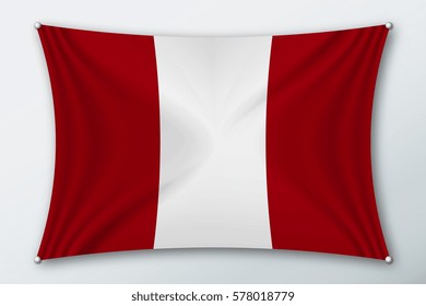 Peru national flag. Symbol of the country on a stretched fabric with waves attached with pins. Realistic vector illustration.