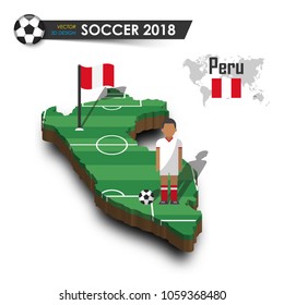 Peru national soccer team . Football player and flag on 3d design country map . isolated background . Vector for international world championship tournament 2018 concept .