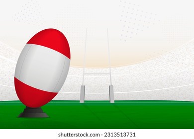 Peru national team rugby ball on rugby stadium and goal posts, preparing for a penalty or free kick. Vector illustration.