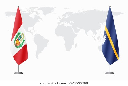 Peru and Nauru flags for official meeting against background of world map.