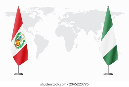 Peru and Nigeria flags for official meeting against background of world map.