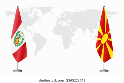Peru and Northern Macedonia flags for official meeting against background of world map.