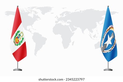 Peru and Northern Mariana Islands flags for official meeting against background of world map.