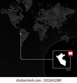 Peru on black World Map. Map and flag of Peru.