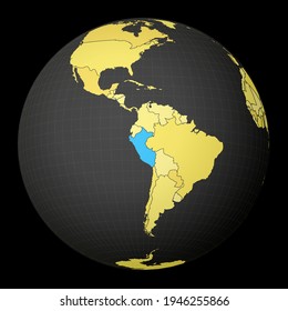 Peru on dark globe with yellow world map. Country highlighted with blue color. Satellite world projection centered to Peru. Creative vector illustration.