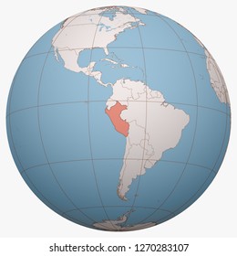 Peru on the globe. Earth hemisphere centered at the location of the Republic of Peru. Peru map.