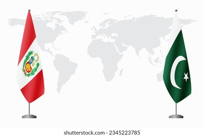 Peru and Pakistan flags for official meeting against background of world map.