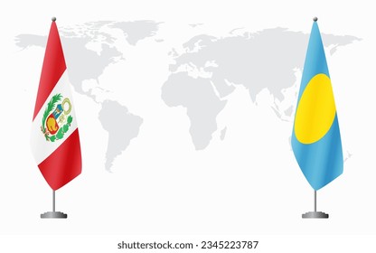 Peru and Palau flags for official meeting against background of world map.