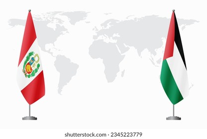 Peru and Palestine flags for official meeting against background of world map.