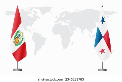 Peru and Panama flags for official meeting against background of world map.