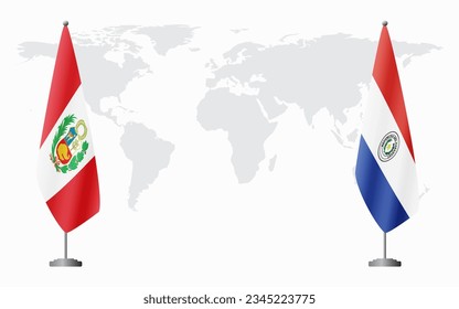Peru and Paraguay flags for official meeting against background of world map.