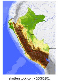 Peru. Physical vector map, colored according to elevation, with rivers, ocean depths and selected cities. Surrounding territory greyed out. 62 layers, fully editable.