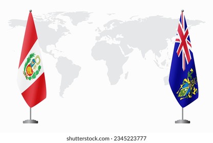 Peru and Pitcairn Islands flags for official meeting against background of world map.