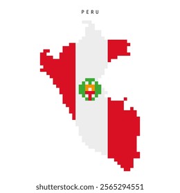 Peru pixel flag map icon. 8 bit pixel art Peruvian map covered with flag. Flat vector illustration isolated on white background.