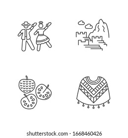 Peru pixel perfect linear icons set. Andean attractions. Marinera, Machu Picchu, cherimoya, poncho. Customizable thin line contour symbols. Isolated vector outline illustrations. Editable stroke