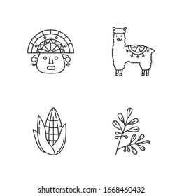 Peru pixel perfect linear icons set. Andean country. Alpaca, incas, corn, coca. Incas traditions. Customizable thin line contour symbols. Isolated vector outline illustrations. Editable stroke