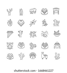 Peru pixel perfect linear icons set. Alpaca, guinea pig, siku, cherimoya, ceviche, incas, marinera. Customizable thin line contour symbols. Isolated vector outline illustrations. Editable stroke