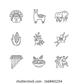 Peru pixel perfect linear icons set. Incas, alpaca, guinea pig, corn, coca, vanilla, ceviche, marinera. Customizable thin line contour symbols. Isolated vector outline illustrations. Editable stroke