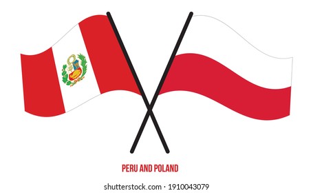 Peru and Poland Flags Crossed And Waving Flat Style. Official Proportion. Correct Colors.